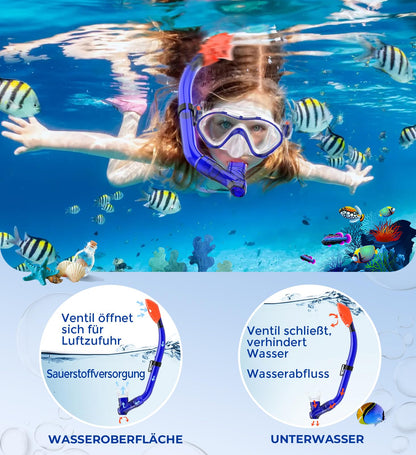 Sporzin Children's Diving Goggles Snorkel Set - Snorkel with Dry Snorkel Mask 180° Panoramic View HD and Anti-Fog Silicone Diving Mask and Swimming Goggles with Ear Plugs 4-12 Years