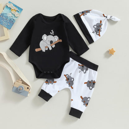 Himllauen Baby Jungen Mädchen 3-teiliges Set Koala Print Body + Hose + Hut Baby Set Kleinkind Kleidung Niedliche Outfit