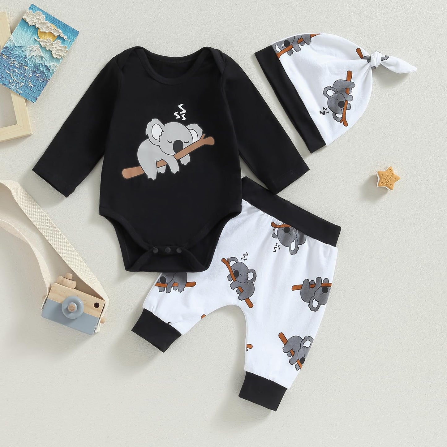 Himllauen Baby Jungen Mädchen 3-teiliges Set Koala Print Body + Hose + Hut Baby Set Kleinkind Kleidung Niedliche Outfit
