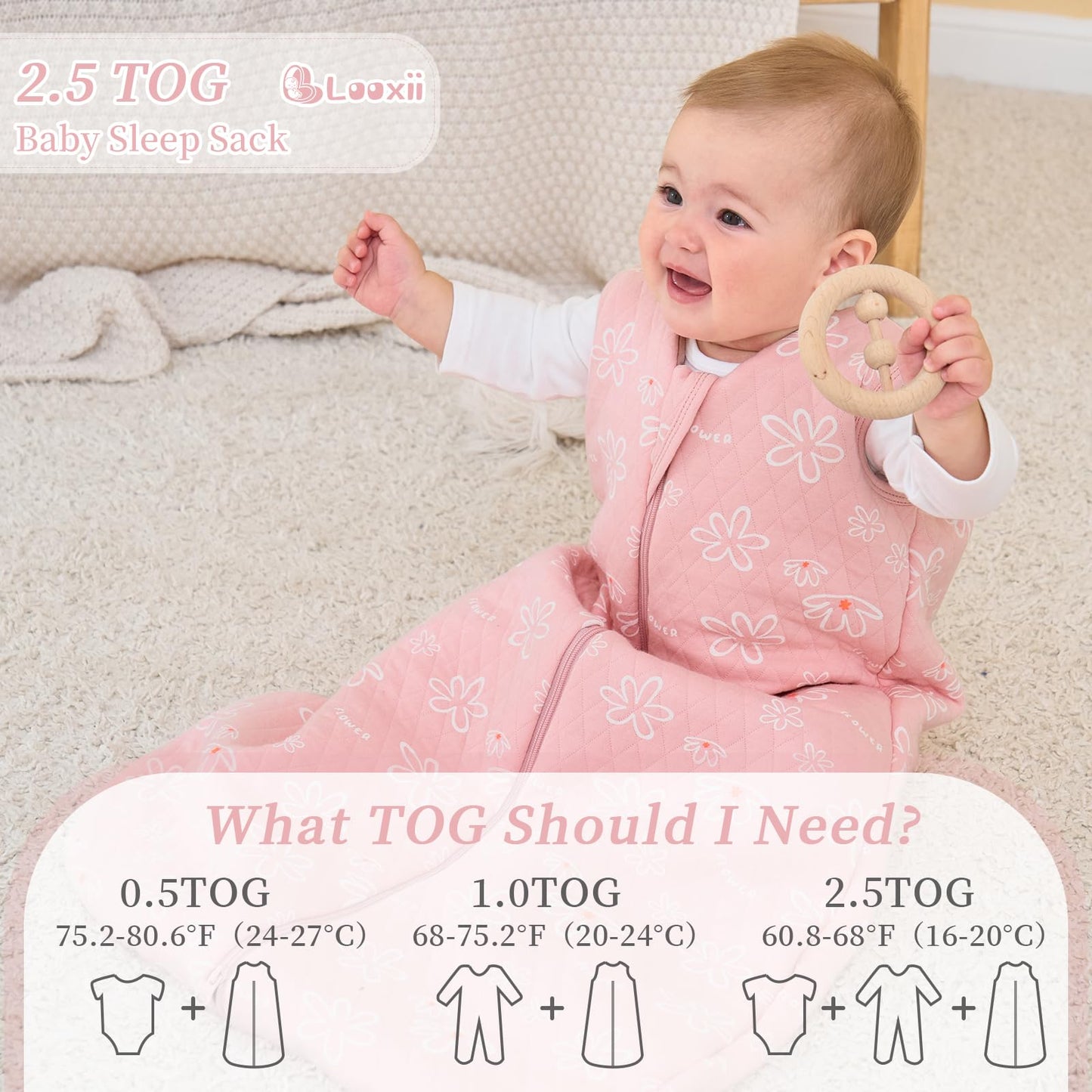 Looxii Baby Winter Sleeping Bag, Cotton, 2.5 Tog, Warm Winter Sleeping Bag, Soft Baby Sleeping Bag, Newborn in 6-12 Months, Perfect for Autumn, Winter
