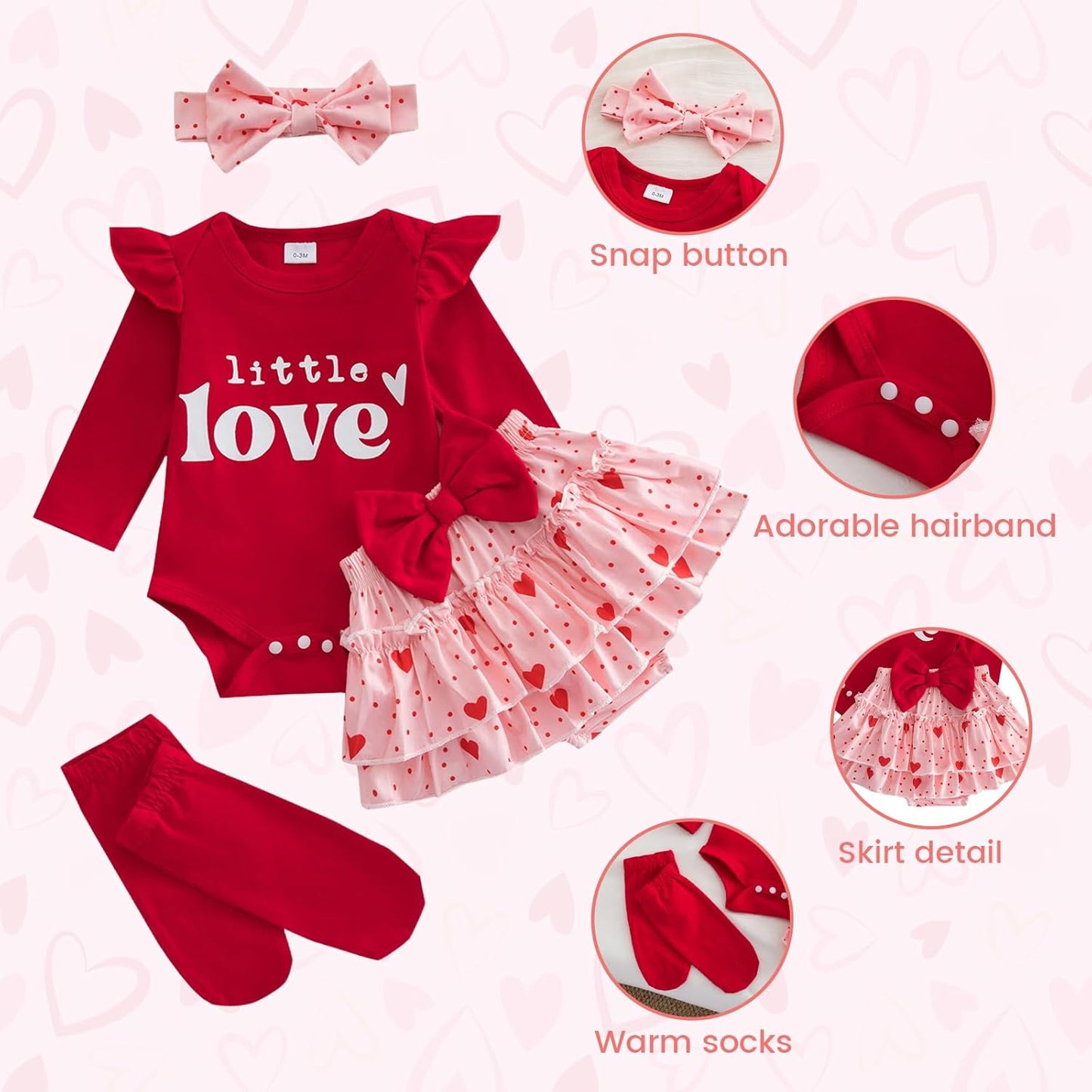 Baby Mädchen Outfit Rüschen Langarm My 1. Valentinstag Osterhase Strampler + Tutu Rock + Strümpfe mit Stirnband Babykleidung Set Neugeborene Fotoshooting Kleid für 0-18 Monate