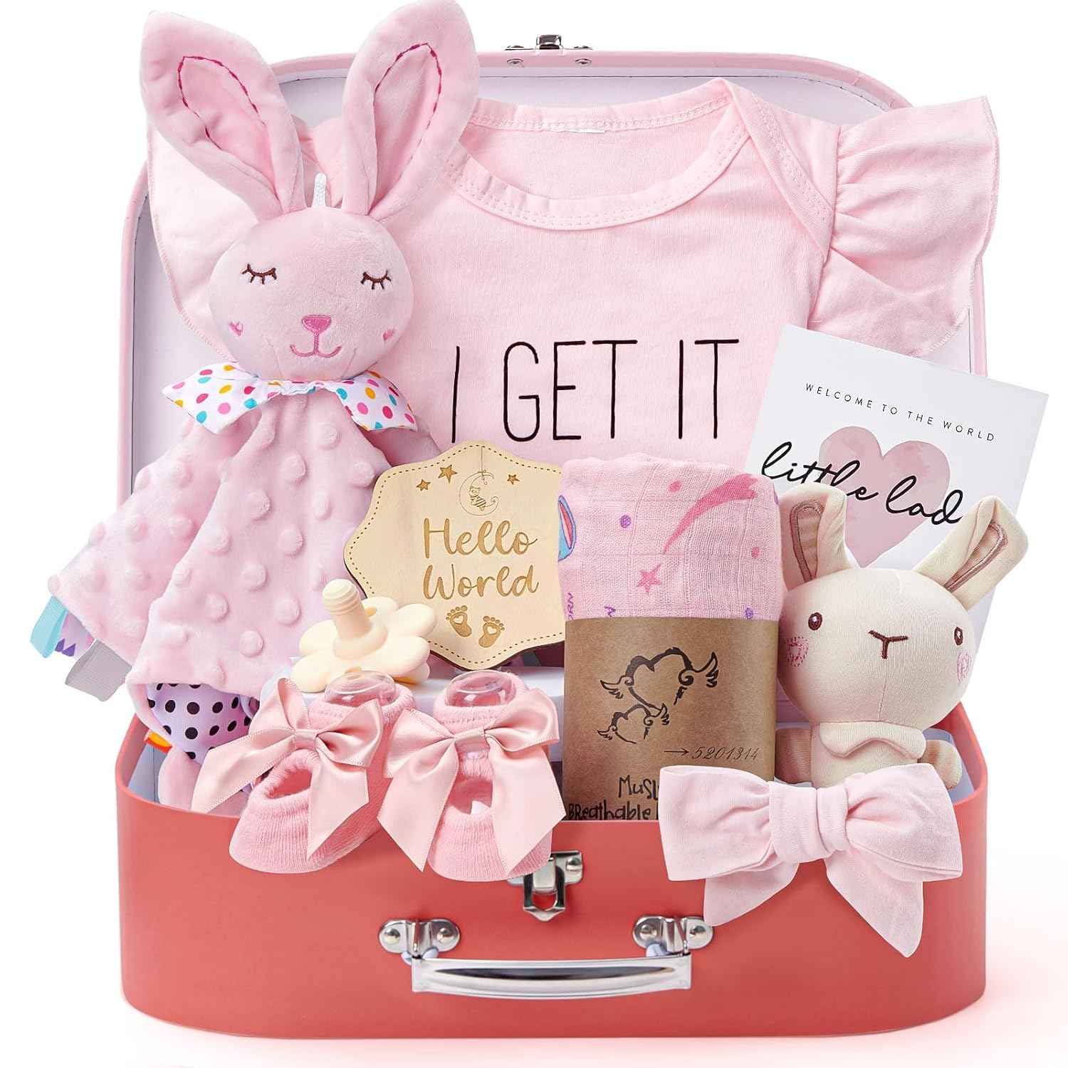 Baby Gift Boys Girls Newborn Gifts for Birth with Comforter Blanket / Baby Romper / Socks / Muslin Blanket / Rattle Nappy Cake Gift Box Baby Shower Party Gender Reveal Gift (Pink)