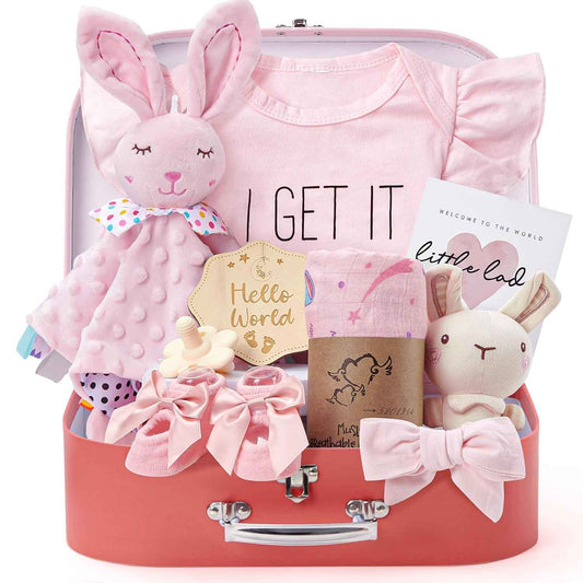 Baby Gift Boys Girls Newborn Gifts for Birth with Comforter Blanket / Baby Romper / Socks / Muslin Blanket / Rattle Nappy Cake Gift Box Baby Shower Party Gender Reveal Gift (Pink)