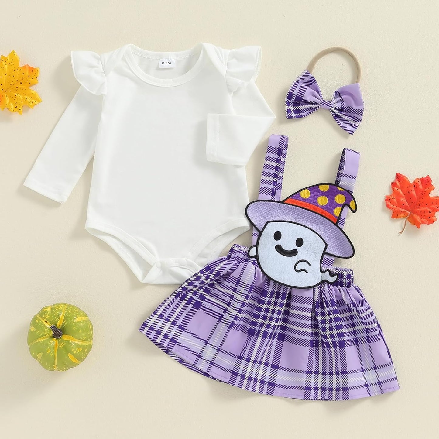 ESSECMBS Infant Baby Girl Halloween Romper Skirt 3 Pieces Clothing Set Long Sleeve Ruffle Shoulder Body Braces Pumpkin Ghost Skirt Headband Girls All Saints Clothing