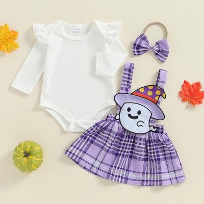 ESSECMBS Infant Baby Girl Halloween Romper Skirt 3 Pieces Clothing Set Long Sleeve Ruffle Shoulder Body Braces Pumpkin Ghost Skirt Headband Girls All Saints Clothing