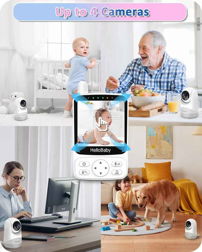 HelloBaby Baby Monitor with Camera, 29 Hours Battery Life, 355°/120° Baby Monitor with Remote Controlled Pan-Tilt Camera, 2x Zoom, Infrared Night Vision Camera, Eco Mode, Up to 305 m, 2-Way Audio