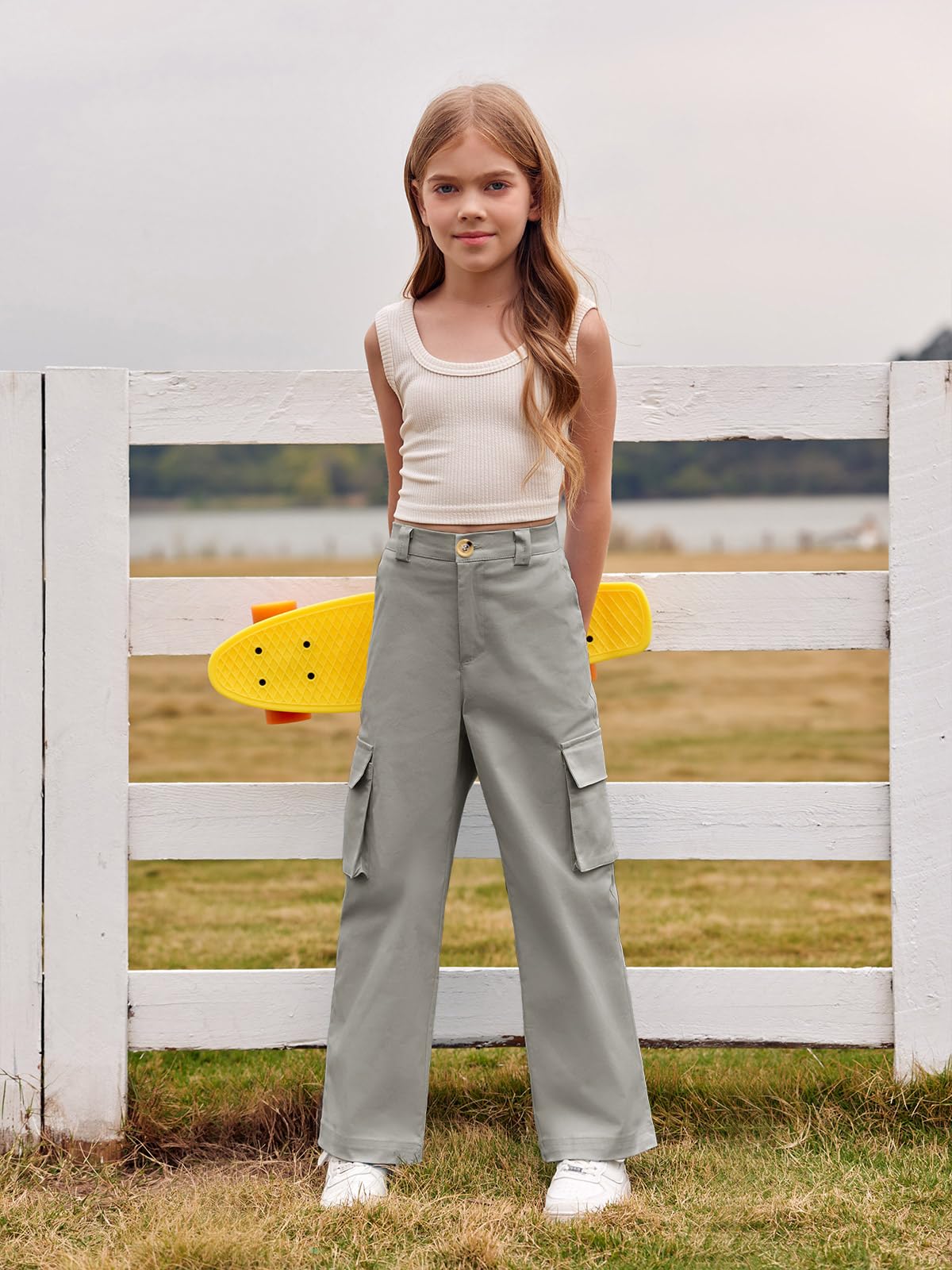 Haloumoning Mädchen Cargohose Baumwoll Y2K Baggy Cargo Hose Kinder Straight Leg Hohe Taille Jogginghose Casual Outdoorhose mit Elastische Taille und Taschen