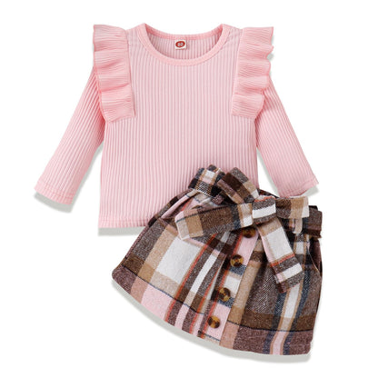 Baby Kinder Mädchen Kleidung Set Rüschen gerippt Langarm Top Fliege Checked Rock 2 Stück Frühling Herbst Kleinkind Outfits Set