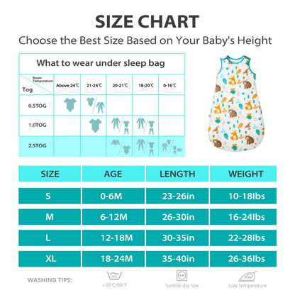 Baby Winter Sleeping Bag, Toddler Sleeping Bag, 2.5 Tog Sleeping Bag, 100% Cotton, Various Sizes from Newborn to 18 Months, All-Year-Round Sleeping Bag