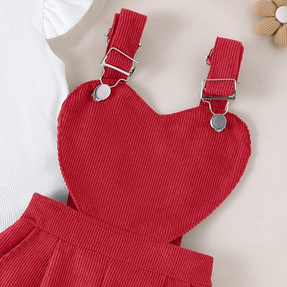 Baby Mädchen Sommer Outfits Rüschen Kurzarm Ripptop+ Blumen/Herzmuster Overalls Shorts Mit Tasche Süßes 2-Teiliges Kleidungsset