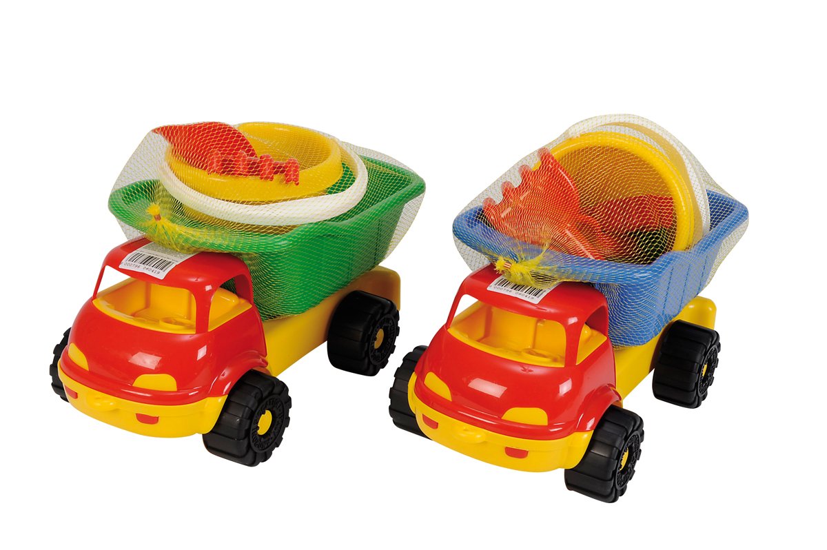 Simba 107134123 - Truck Dump Truck Filled, 2 Assortments, Only One Item Delivered, 6 Pieces, Tipper, Bucket, 2 x Sand Mould, Shovel, Rake, 35 cm