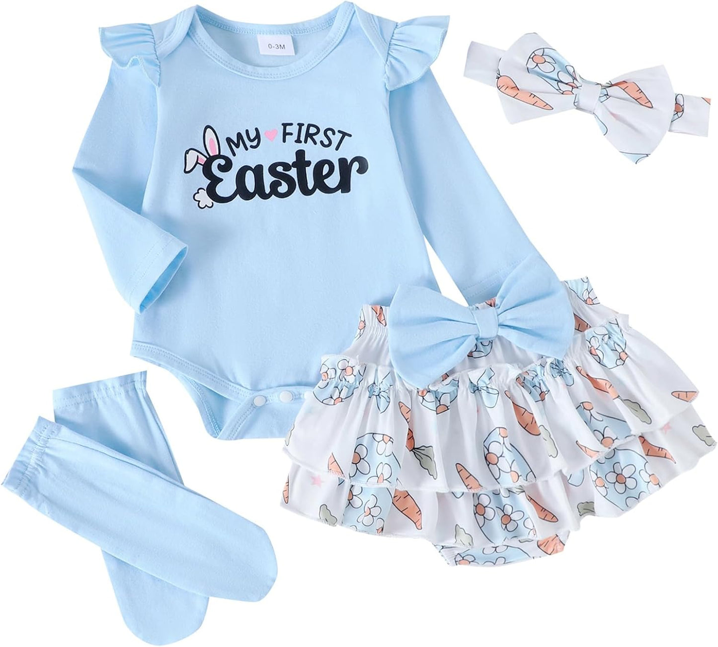 Baby Mädchen Outfit Rüschen Langarm My 1. Valentinstag Osterhase Strampler + Tutu Rock + Strümpfe mit Stirnband Babykleidung Set Neugeborene Fotoshooting Kleid für 0-18 Monate