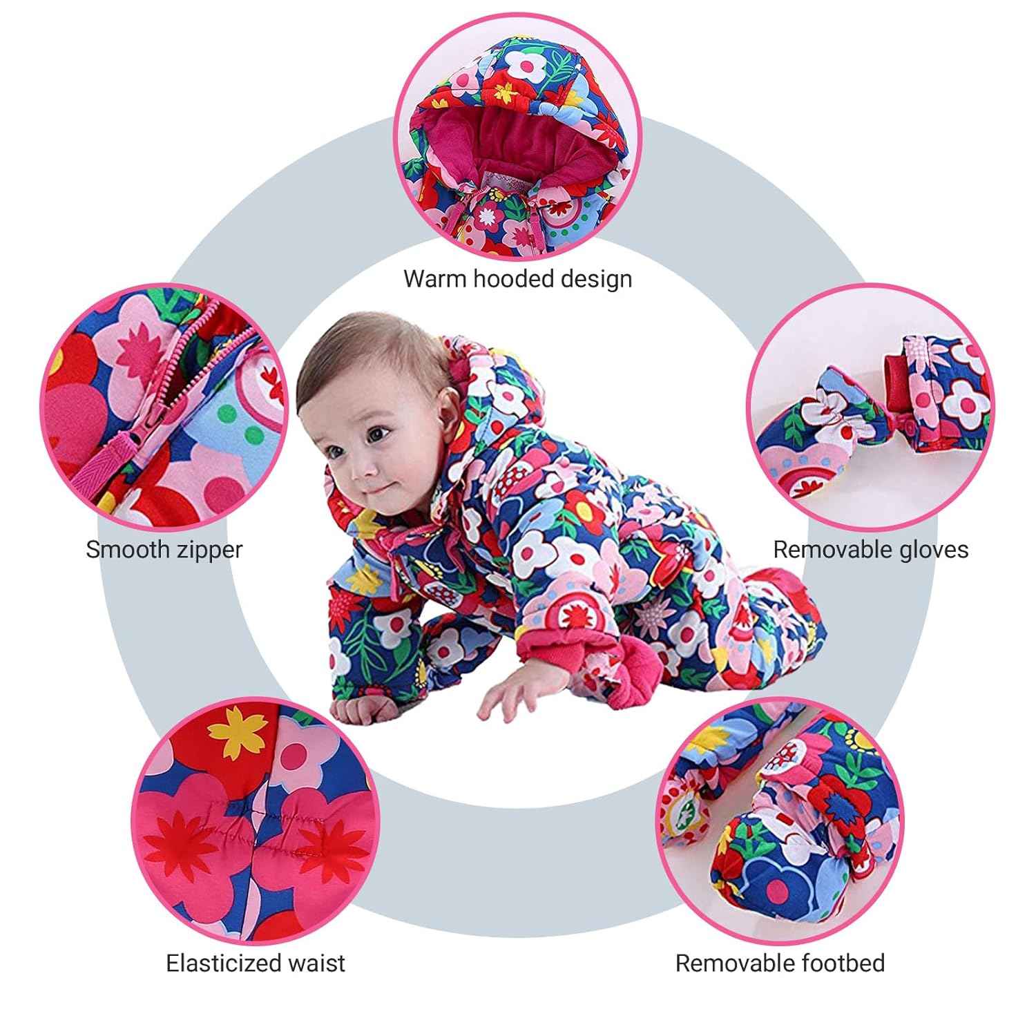 Baby Romper with Hood, Snowsuits with Gloves and Booties, for Toddlers, Fleece Cotton Romper for Toddlers, Boys and Girls, Warm Jumpsuit, Winter Jacket, 6-9 Months