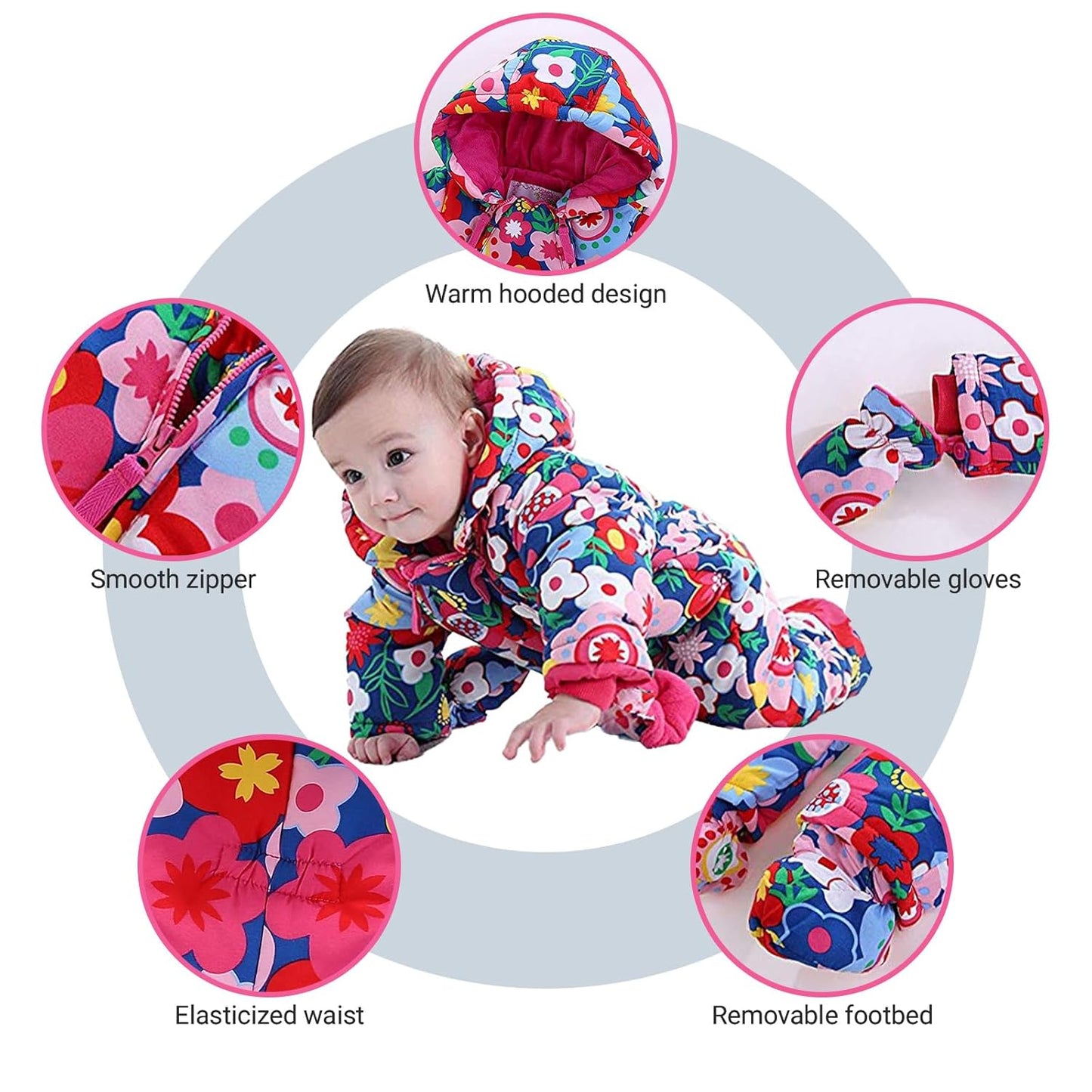 Baby Romper with Hood, Snowsuits with Gloves and Booties, for Toddlers, Fleece Cotton Romper for Toddlers, Boys and Girls, Warm Jumpsuit, Winter Jacket, 6-9 Months