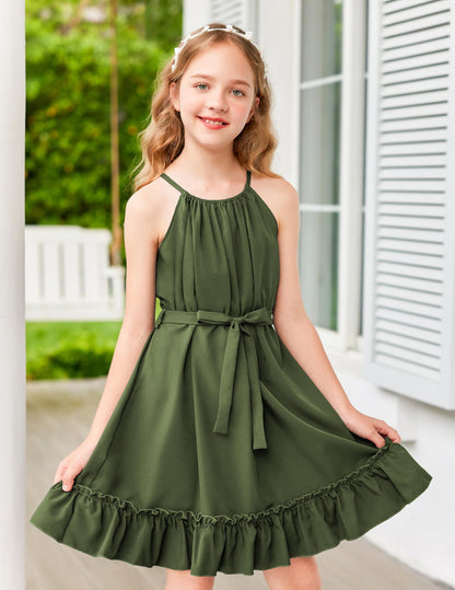 Arshiner Mädchen Kleid Neckholder Sommerkleid Rüschensaum Midikleid A-Linie Kinderkleid Swing Partykleider Abendkleid Kinder Festliche Kleider Freizeitkleid mit Gürtel 6-14 Jahre