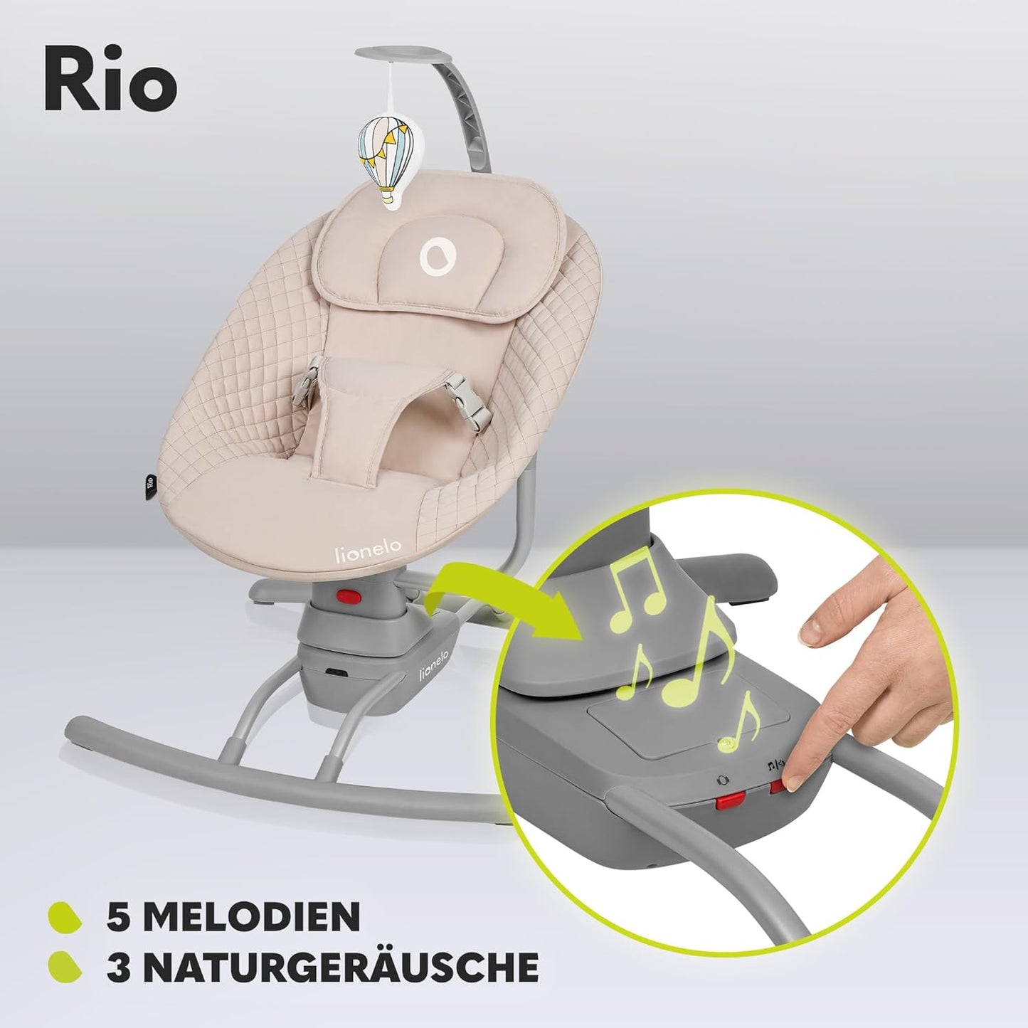LIONELO RIO Elektrische Babywippe für Kleinkinder bis zu 9 kg Verstellbare Rückenlehne, 3 Wiegegeschwindigkeiten, Polster Sitzgurte Melodien und Geräusche der Natur Leichtes Gewicht 3,5 kg