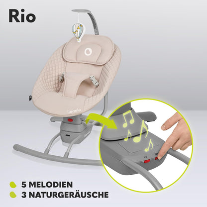 LIONELO RIO Elektrische Babywippe für Kleinkinder bis zu 9 kg Verstellbare Rückenlehne, 3 Wiegegeschwindigkeiten, Polster Sitzgurte Melodien und Geräusche der Natur Leichtes Gewicht 3,5 kg