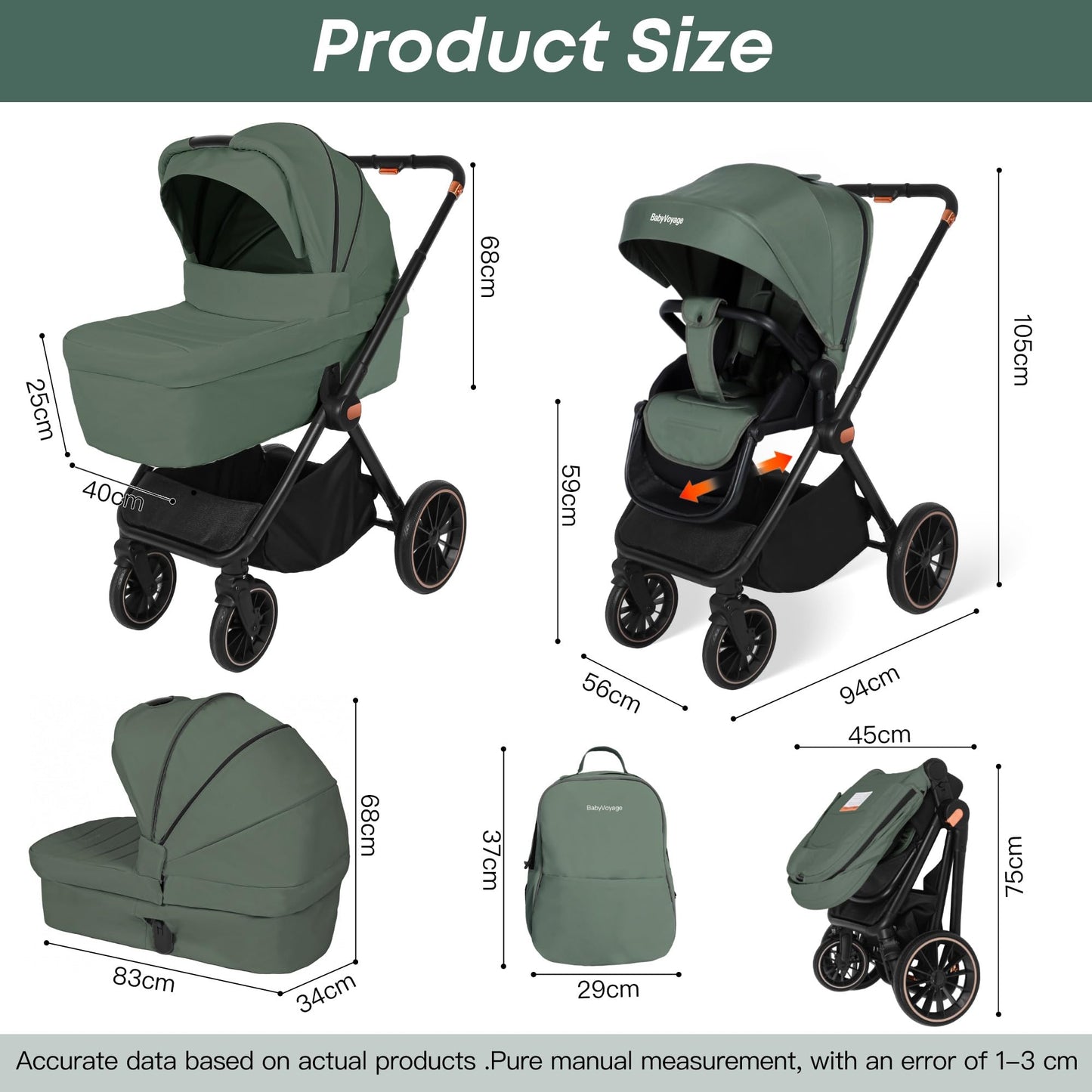 BabyVoyage Kombikinderwagen 2-in-1 ohne Babyschale – Babywanne & Sportsitz, Räder 360° Stoßdämpfer, Federung, höhenverstellbarer Griff, Faltbar, Zubehö-Grün