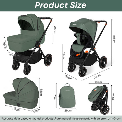 BabyVoyage Kombikinderwagen 2-in-1 ohne Babyschale – Babywanne & Sportsitz, Räder 360° Stoßdämpfer, Federung, höhenverstellbarer Griff, Faltbar, Zubehö-Grün