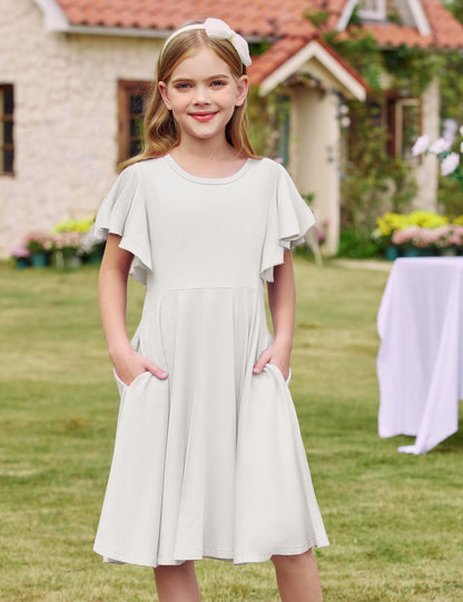 Arshiner Kleider für Mädchen Schmetterlingsärmel Kleid Kinder A-Line Swing Kleid Rundhals Sommerkleid Baumwollekleid Festlich Partykleid Hochzeit Lässige Kinderkleidung mit Tasche