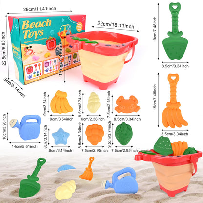 Euakee Sand Toy for Children, 11 Pieces Sand Toys with Foldable Bucket, Sanity Toy Set, Sand Toy Beach, Sandpit Toy for Children 3 4 5 6 7 Years (Orange)