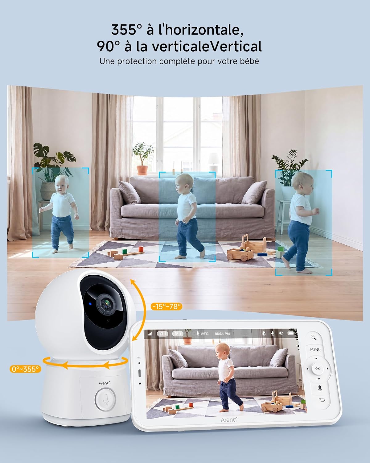 ARENTI 1080P Babyphone mit Kamera mit 5" Display, PTZ Video Babyfon mit Kamera und App, One-Touch-Ruf, Wiegenlied, Temperatursensor, Nachtsicht, 2 Wege Audio, Automatische Verfolgung, VoX Mode