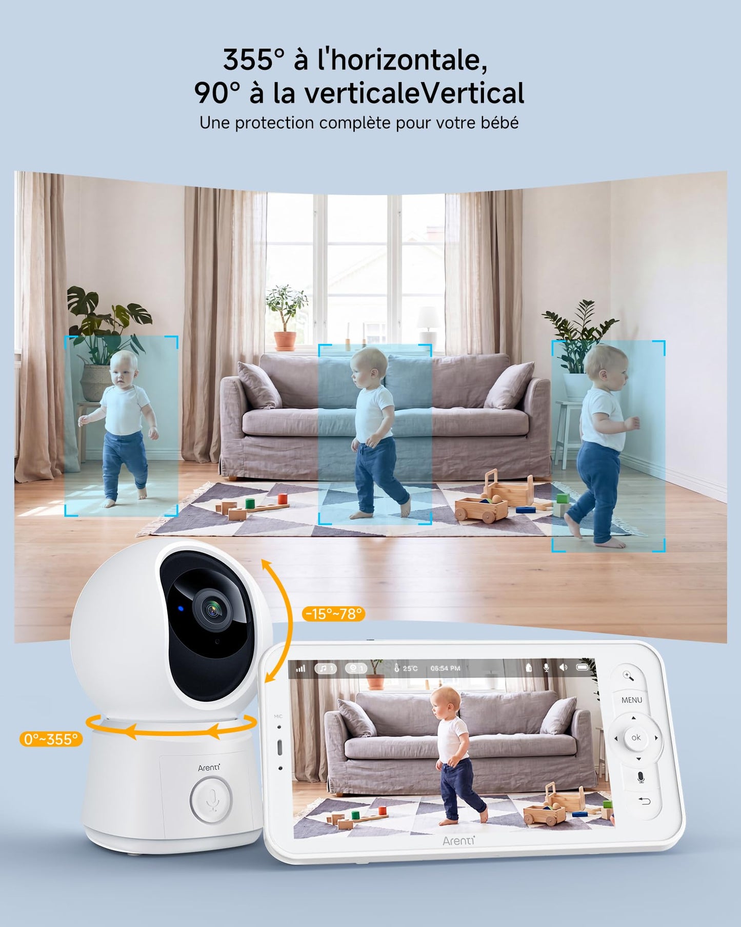 ARENTI 1080P Babyphone mit Kamera mit 5" Display, PTZ Video Babyfon mit Kamera und App, One-Touch-Ruf, Wiegenlied, Temperatursensor, Nachtsicht, 2 Wege Audio, Automatische Verfolgung, VoX Mode