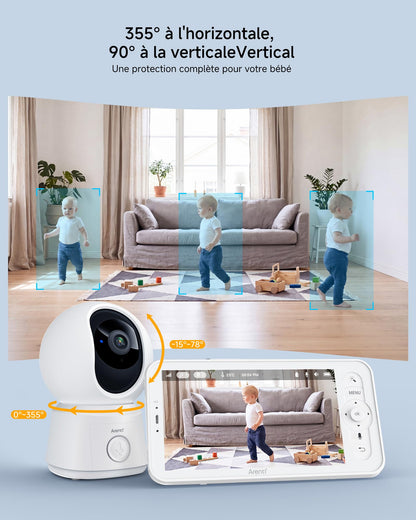 ARENTI 1080P Babyphone mit Kamera mit 5" Display, PTZ Video Babyfon mit Kamera und App, One-Touch-Ruf, Wiegenlied, Temperatursensor, Nachtsicht, 2 Wege Audio, Automatische Verfolgung, VoX Mode
