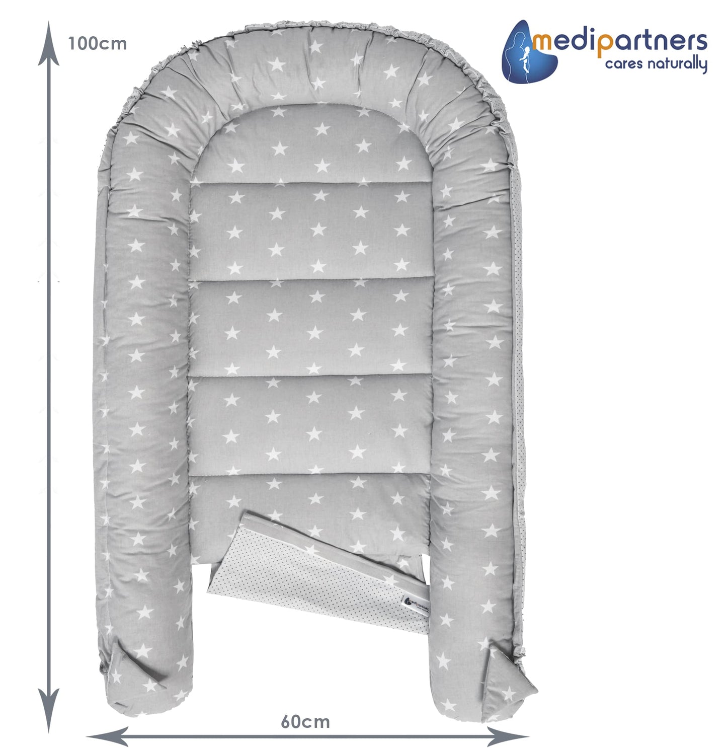 Medi Partners Babynestchen Babynest Set 100x60x15 Kuschelnest 5 teilig herausnehmbarer Einsatz Kokon Nestchen Babys Neugeborene 100% Baumwolle (REH mit Grauem Minky)
