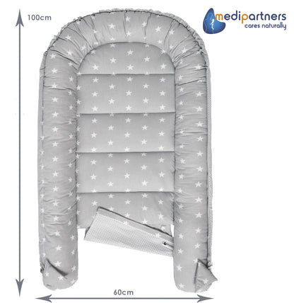 Medi Partners Babynestchen Babynest Set 100x60x15 Kuschelnest 5 teilig herausnehmbarer Einsatz Kokon Nestchen Babys Neugeborene 100% Baumwolle (REH mit Grauem Minky)