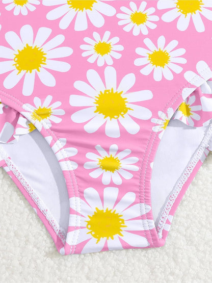 JiAmy Einteiliger Mädchen Badeanzug Blumenmuster Rüschen Elastischen Trägern Ärmellos Kleinkinder Schwimmkleidung für 2–7 Jahre/92-122