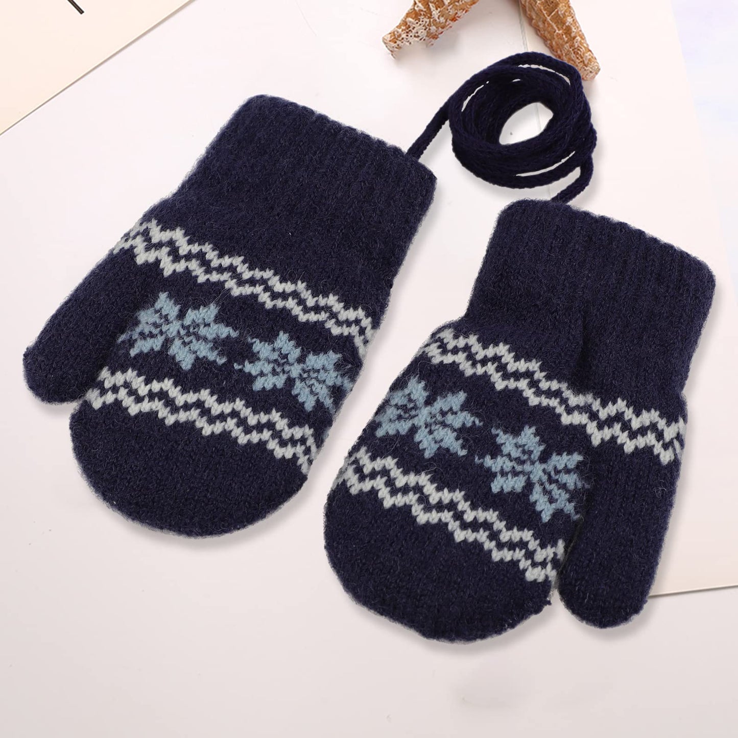 Kids Winter Gloves Mittens Baby Cartoon Mitten Neck Gloves Thick Double Knitted Glove with Plush,0 - 3 years old, Playing, Running, Skiing