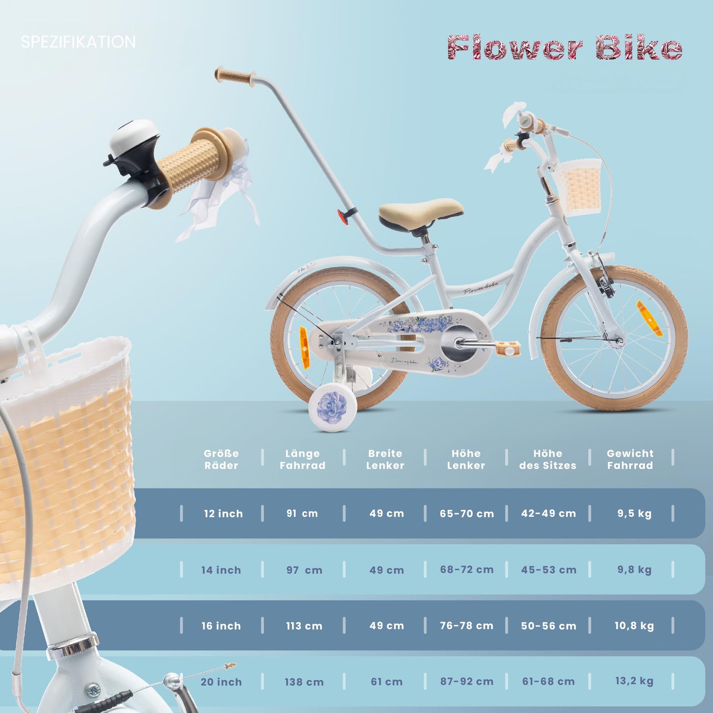 sun baby Mädchenfahrrad Flower Bike Radgröße zur Auswahl, mit Abnehmbarer Schubstange, Kinderfahrrad für Mädchen von 2 bis 6 Jahre