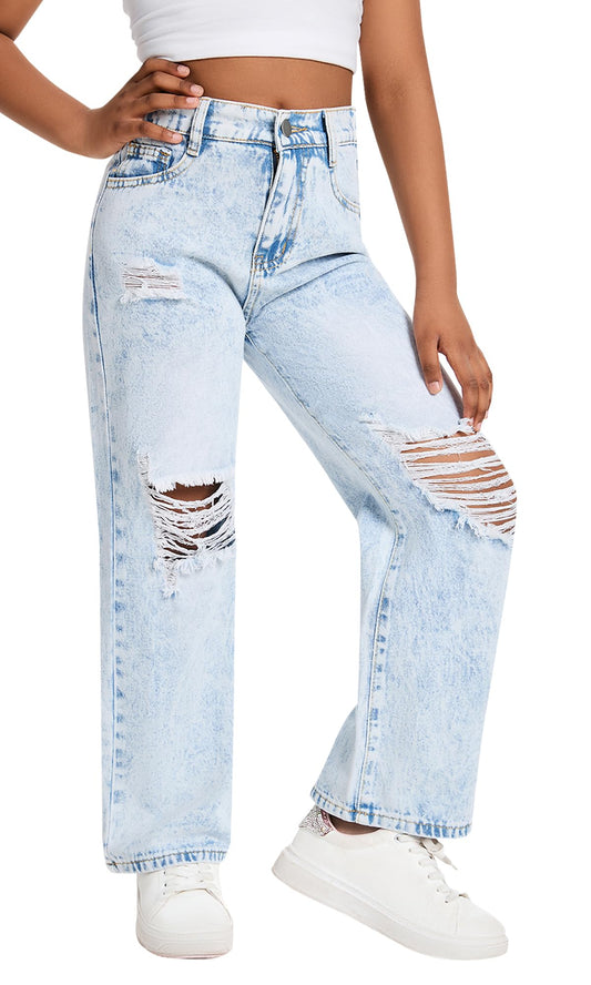 Happy Cherry Mädchen Jean Hosen Loch Wash Denim Blau Hose Kinder Elastische Taille Vintage Jeans Weites Bein Jeanshosen 130-160