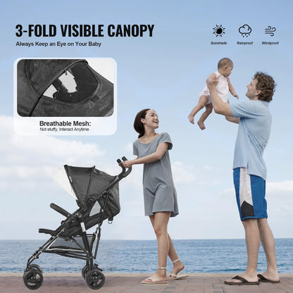 VEVOR Leichter Kinderwagen, kompakt, einfach zusammenklappbar, mit verstellbarer Rückenlehne, Rahmen aus Karbonstahl, großem Aufbewahrungskorb, Kinderwagen mit Schirm für Reisen und mehr, Schwarz/Weiß - Meloni2