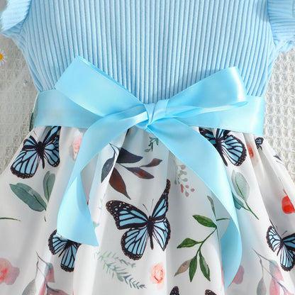 Codkkre Mädchen Kleid Blumen Bowknot Kinder Kleider Rüschenärmel A-Linie Mädchen Kleid Sommer Ostern Mädchen Kleid Rundhals 104 110 116 122 128