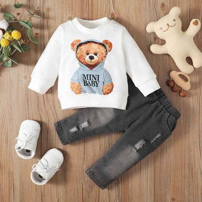 LUVCES Toddler Baby Boys Clothing Cute Animal Print Long Sleeve Sweatshirt Tops and Jeans Set Autumn Winter Baby Boy Jeans Casual 2-Piece Outfit