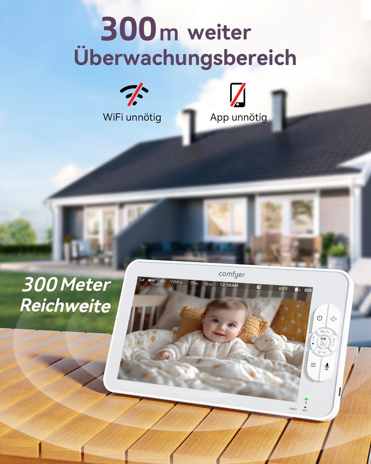 Comfyer BM01 Split-Screen Babyphone mit 2 Kameras, 7" HD 720P ohne WLAN mit Halterung, IR-Nachtsicht VOX-Modus mit Sound-Alarm 2-Wege-Audio 6000mAh 300M Reichweite Videoüberwachungsgerät