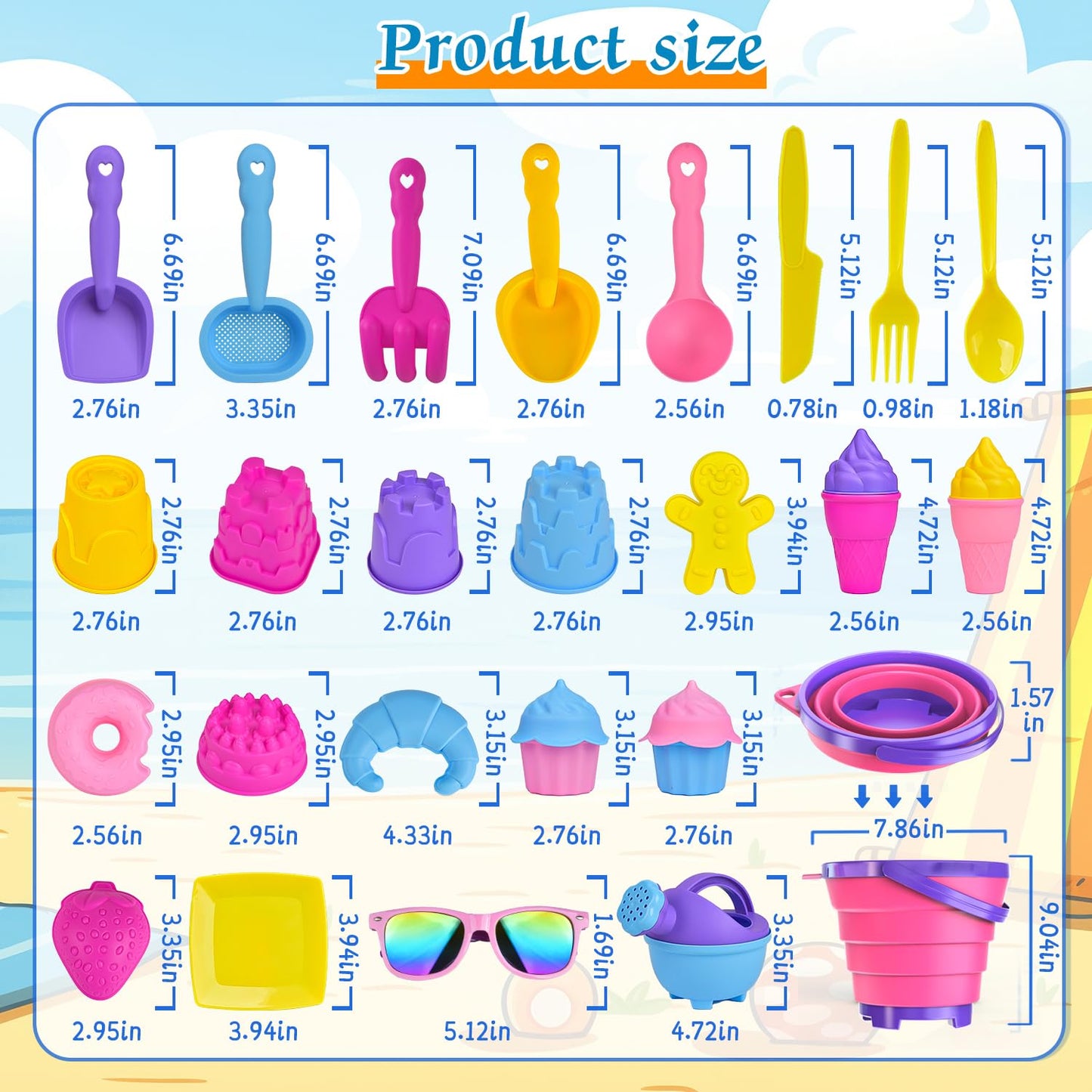 Fegalop Sand Toy Set for Girls 31 Pieces, Sandpit Toy Beach Toy with Folding Bucket, Beach Toy Children with 5 Sand Shovel, Bucket, Sand Shapes, Sunglasses, Mesh Bag for Children