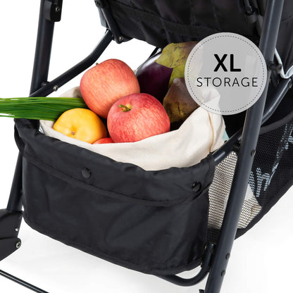 hauck Shopper Neo II, Schwarz Grau - Kinderbuggy mit Liegeposition ab Geburt bis 22 kg, 2x Tablett mit Getränkehalter, Einhändig Klein Zusammenklappbar, Tasche im Verdeck, XL Korb