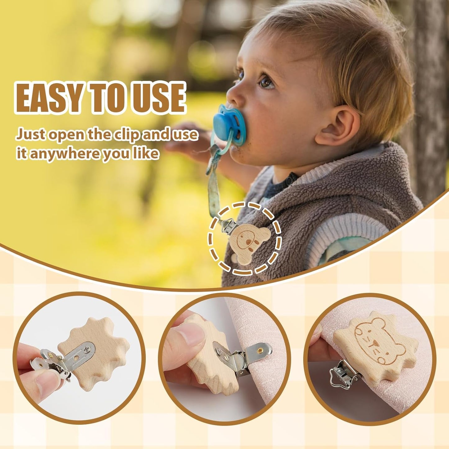 LEIBOCHAO 6 Stück Schnullerkette Holz Tierdesign mit Naturholz & Metall, Schnullerclip Holz für Schnullerkette, Babywagen, Kleidung – DIY Bastelset, Umweltfreundliches Babygeschenk (3-5 cm)
