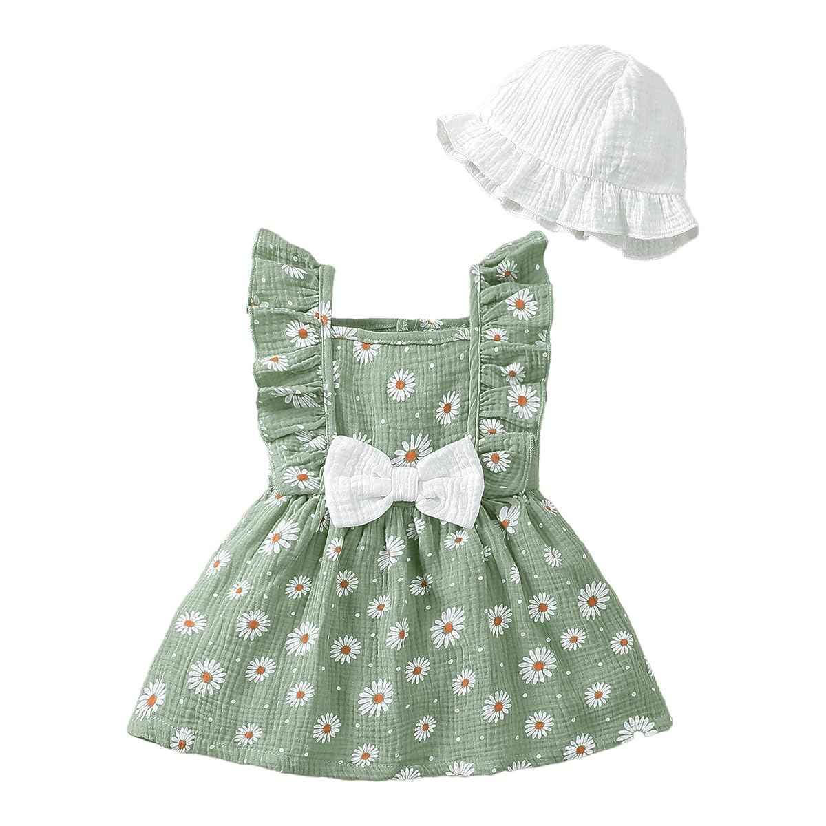 Kleinkind Baby Mädchen Sommer Kleid Outfit Rüschenärmel Herz/Blumenmuster Boho Kleider Niedliches Baby Sommerkleid mit Hut