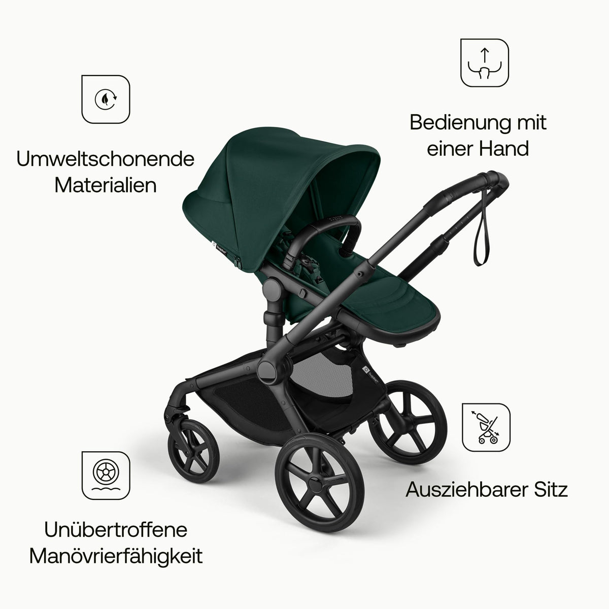 Bugaboo Fox 5 Renew, 2-in-1 Kinderwagen für jedes Gelände, mit Liegewanne | ausziehbarer Kleinkindsitz, praktische Ein-Hand Faltung, Fahrgestell in Schwarz und Sonnendach in Forest Green ab Lager
