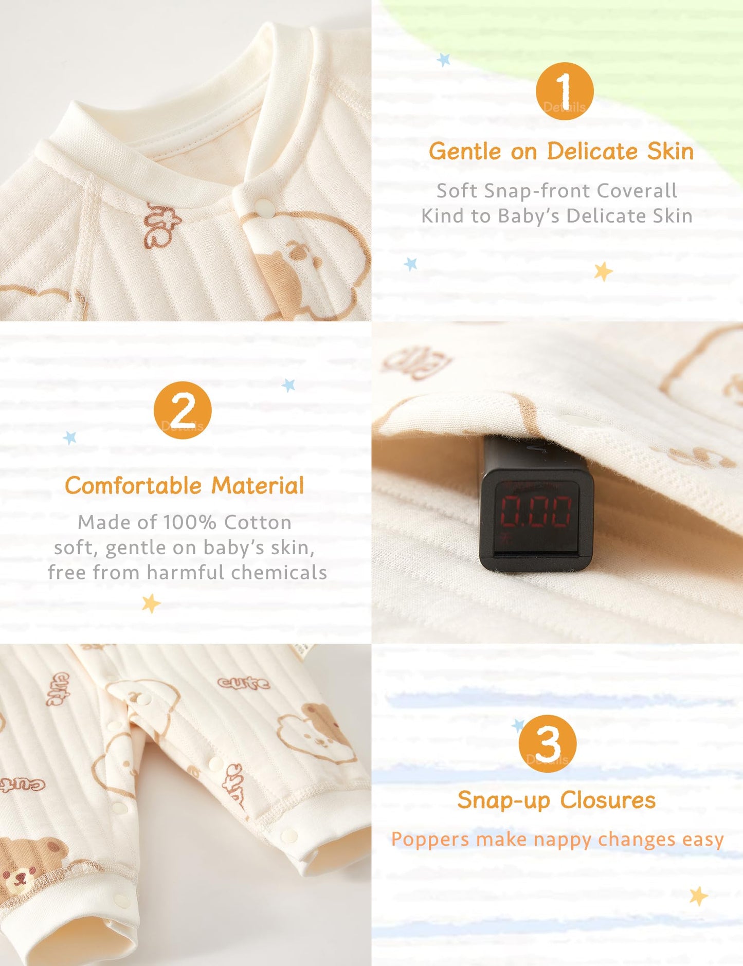 Neugeborener Unisex Strampler, Langarm-Overall, 100 % Baumwolle, weich und bequem, für Babys, Oberbekleidung und Nachtwäsche, geeignet für alle Jahreszeiten