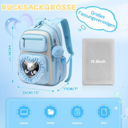Schulrucksack Mädchen Herzdesign 22L mit Gepäckgurt für Schule | Spitze & Schleifendetails, Ergonomische 3D-Rückenpolsterung, wasserabweisendes Polyester, zahlreiche getrennte Fächer