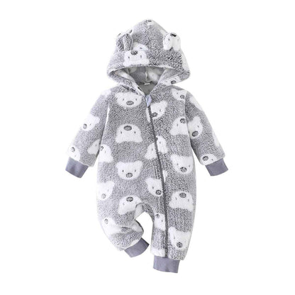 Yanmucy Newborn Baby Winter Romper with Hood Cartoon Bear Baby Snowsuit Warm Fleece Zip Baby Girl Boy Jumpsuit 0-18 Months