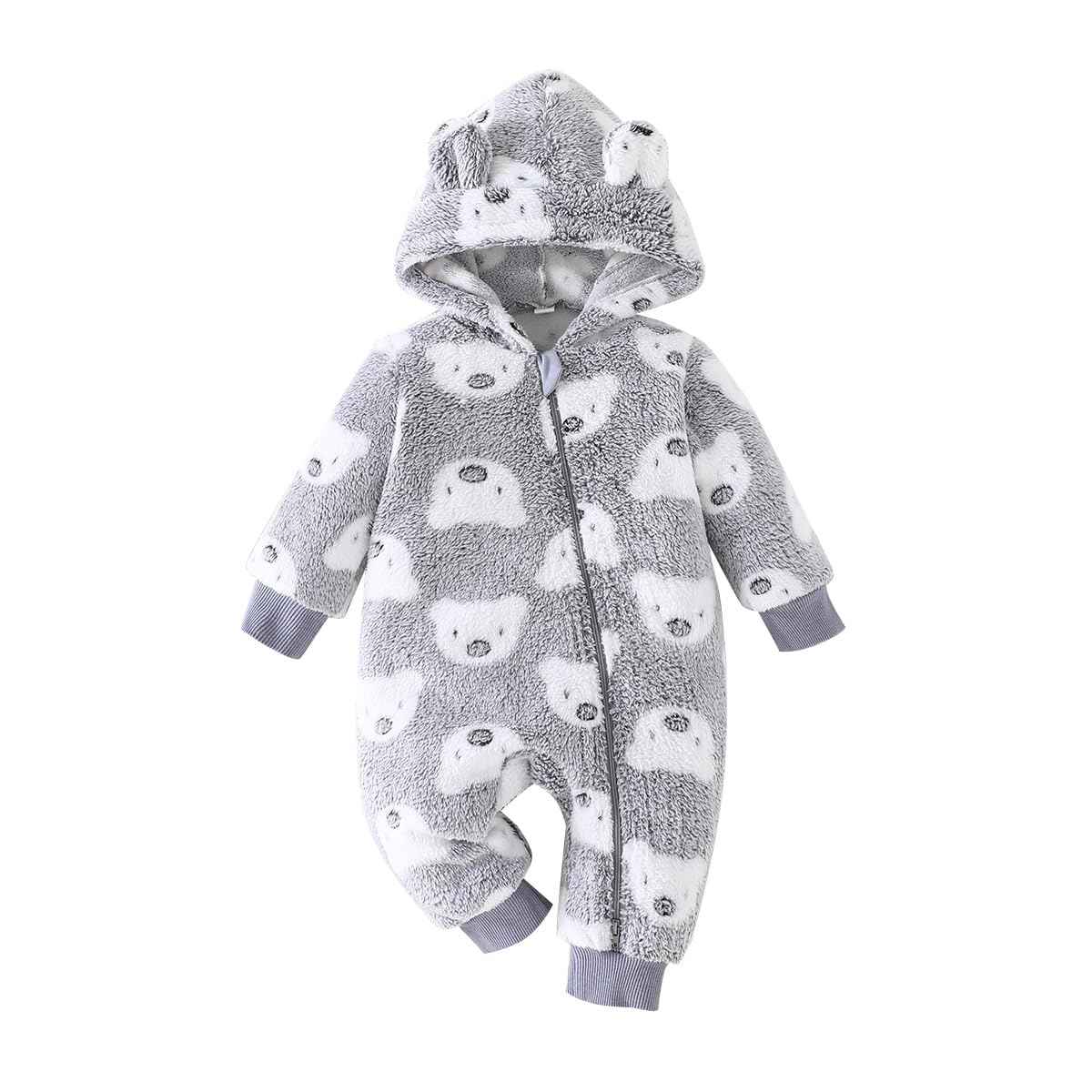 Yanmucy Newborn Baby Winter Romper with Hood Cartoon Bear Baby Snowsuit Warm Fleece Zip Baby Girl Boy Jumpsuit 0-18 Months