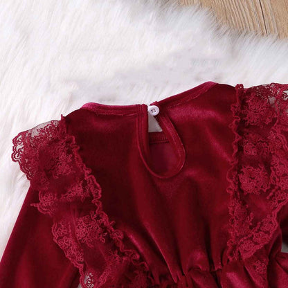 Baby Dress Girls Long Sleeve Lace A Line Princess Velvet Dress + Headband Wedding Festive Autumn Winter Clothing