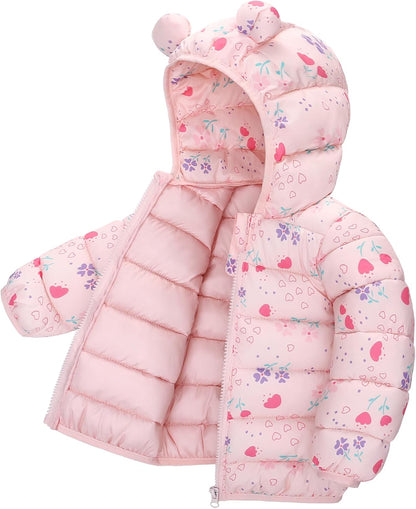 Happy Cherry Winter Jacket Baby Boys Girls Winter Coat with Hood Quilted Jacket Warm Lightweight Down Jacket Winter Cute Printed Outerwear 