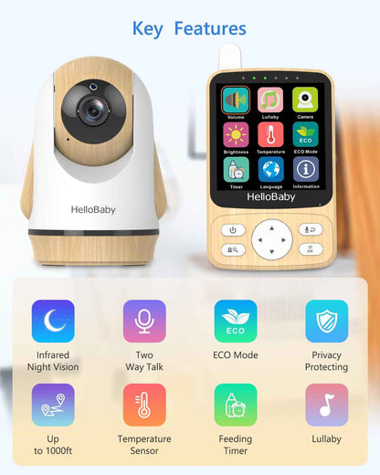 HelloBaby Baby Monitor with Camera, 29 Hours Battery Life, 355°/120° Baby Monitor with Remote Controlled Pan-Tilt Camera, 2x Zoom, Infrared Night Vision Camera, Eco Mode, Up to 305 m, 2-Way Audio